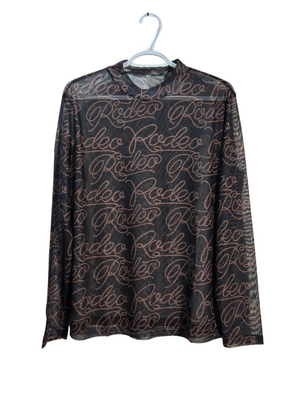 NWOT Western Sheer Mesh Cursive Rodeo Rope Script Long Sleeve Top 2XL - Picture 3 of 8